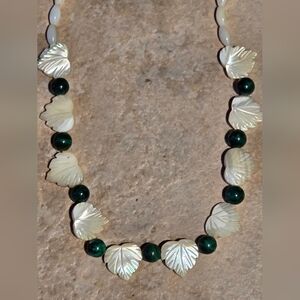 Beaded Necklace Mother of Pearl Carved Leafs & Green Jade Beads Vintage Jewelry